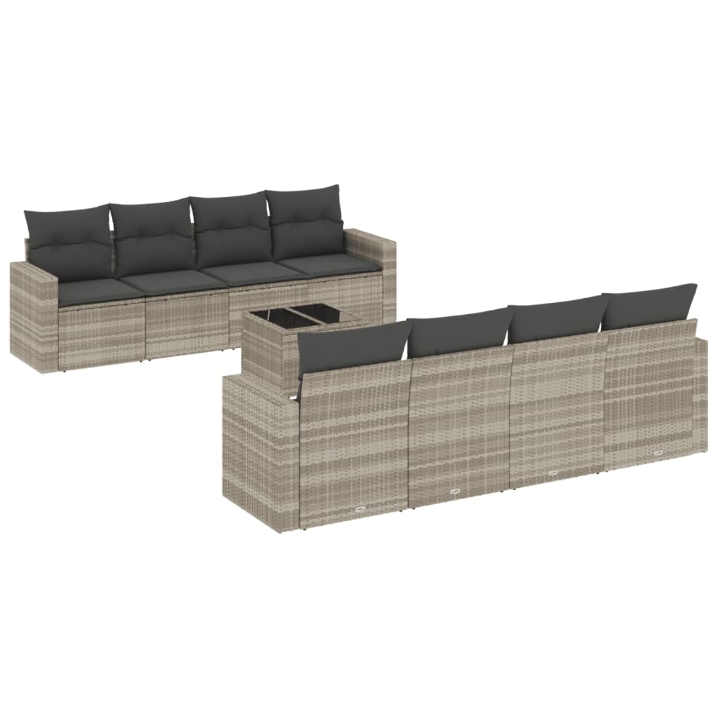 Set Divano da Giardino 9pz con Cuscini Grigio Chiaro Polyrattan