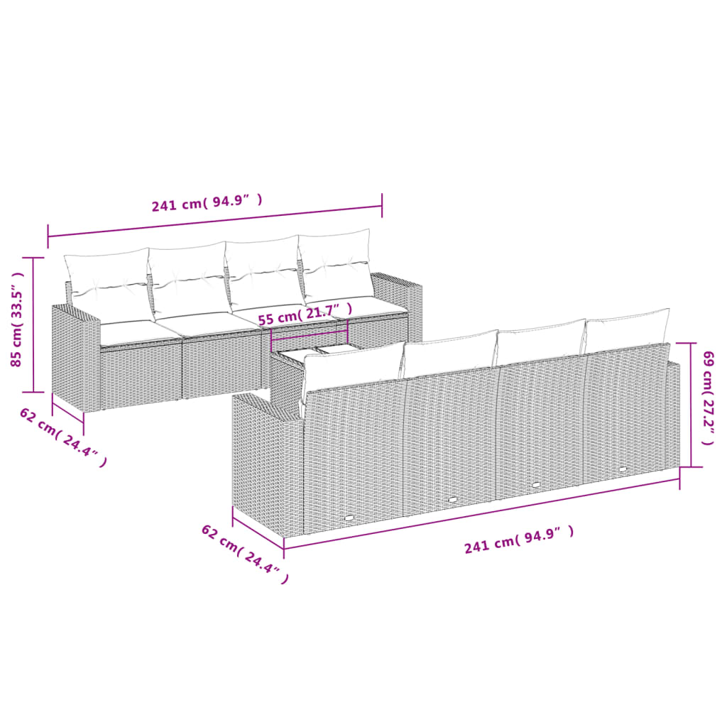 Set Divano da Giardino 9pz con Cuscini Grigio Chiaro Polyrattan