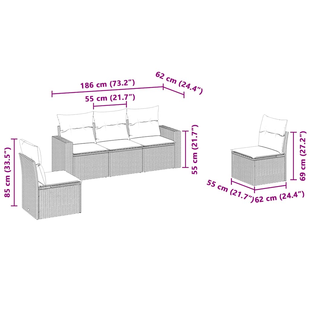 Set Divano da Giardino 5pz con Cuscini Grigio Chiaro Polyrattan