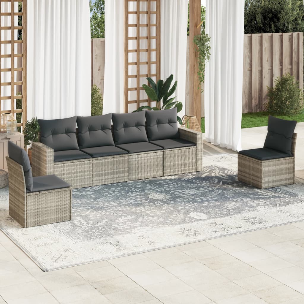 6-teiliges Gartensofa-Set mit hellgrauen Polyrattan-Kissen