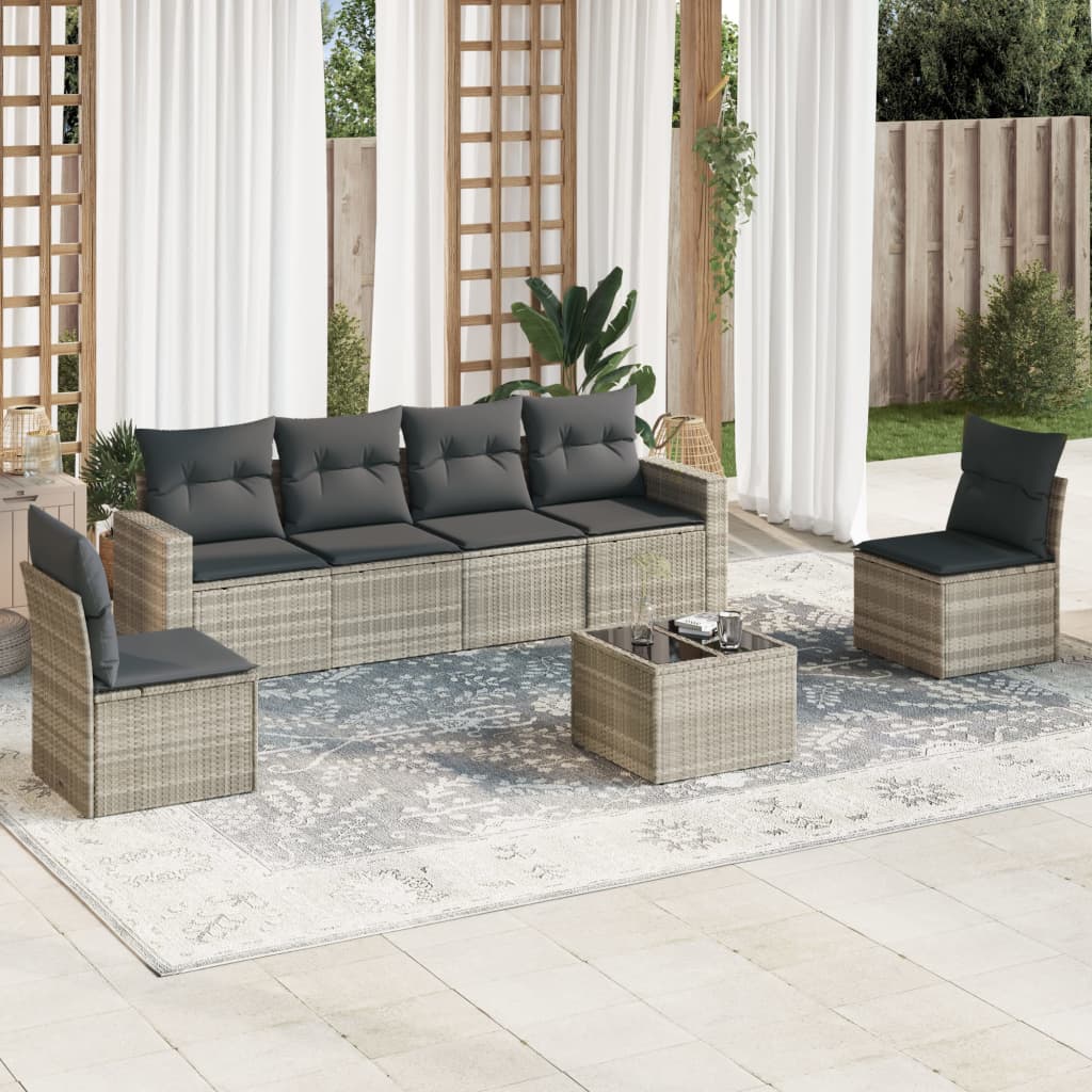 Set Divani da Giardino 7pz con Cuscini Grigio Chiaro Polyrattan