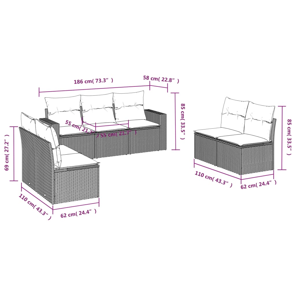 Set Divani da Giardino 7pz con Cuscini Grigio Chiaro Polyrattan