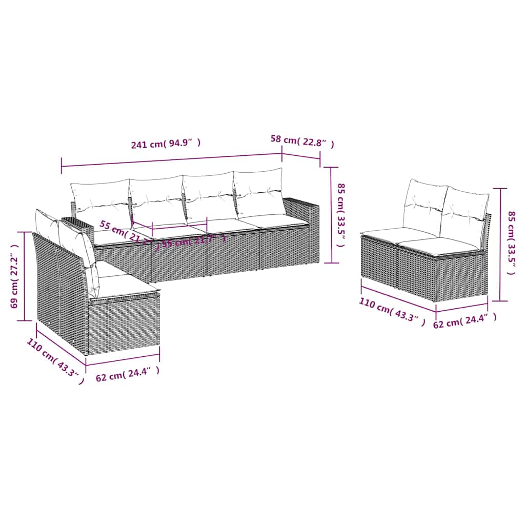 Set Divani da Giardino con Cuscini 8 pz Nero in Polyrattan | homemem39