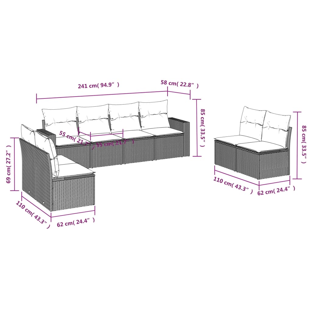 Set Divano da Giardino 8pz con Cuscini Grigio Chiaro Polyrattan