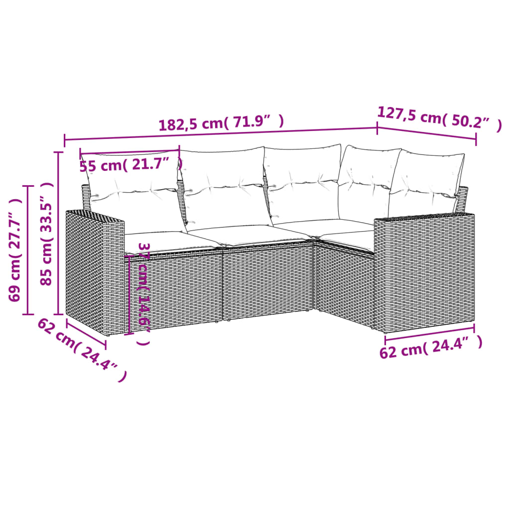 Set Divano da Giardino 4pz con Cuscini Grigio Chiaro Polyrattan