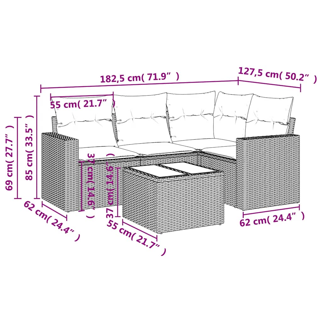 Set Divani da Giardino 5 pz con Cuscini in Polyrattan Nero | homemem39