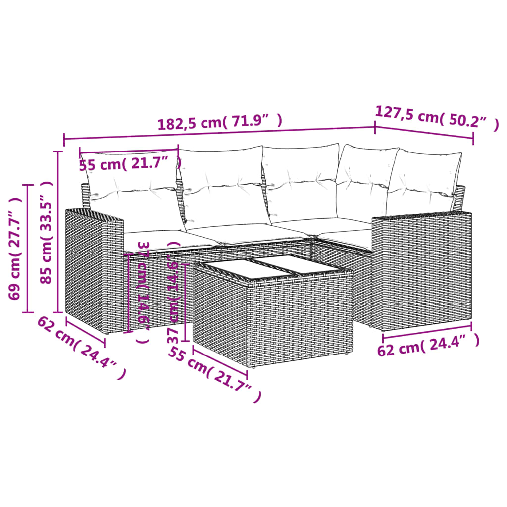 Set Divani da Giardino 5 pz con Cuscini in Polyrattan Nero | homemem39