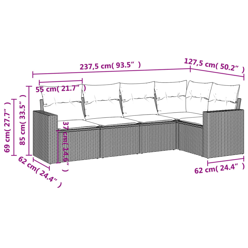 Set Divano da Giardino 5pz con Cuscini Grigio Chiaro Polyrattan