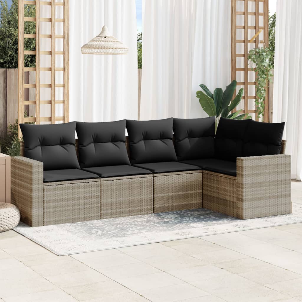 Set Divano da Giardino 5pz con Cuscini Grigio Chiaro Polyrattan