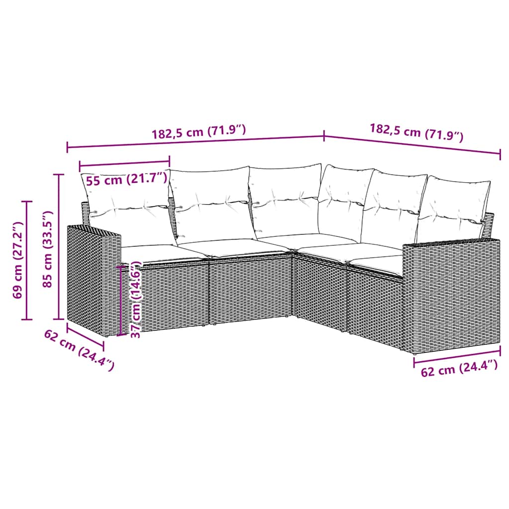 Set Divano da Giardino 5 pz con Cuscini Marrone in Polyrattan