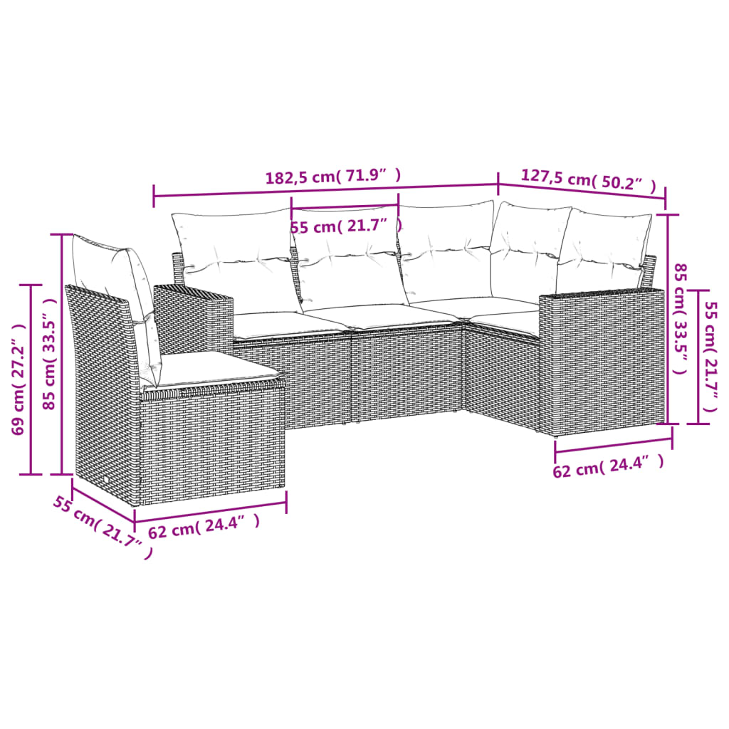 Set Divani da Giardino 5 pz con Cuscini in Polyrattan Nero | homemem39