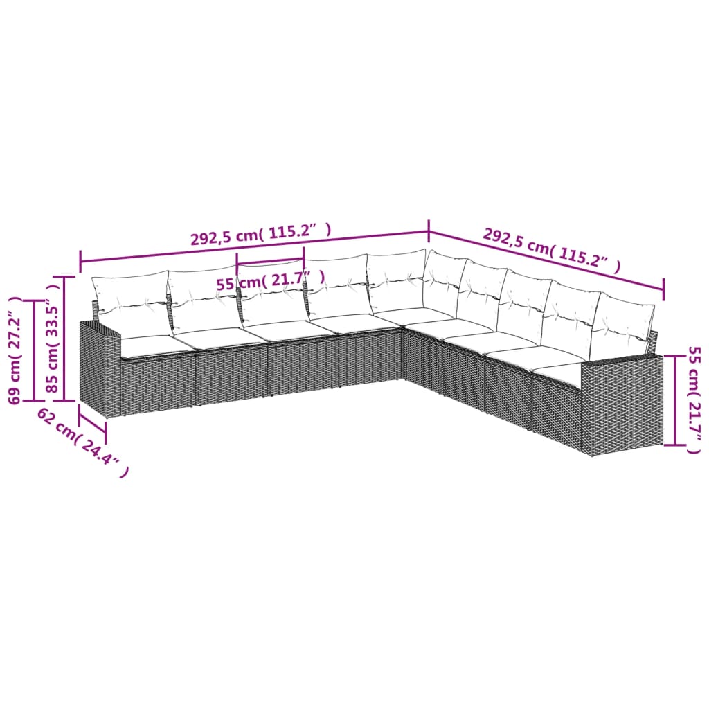 9-teiliges Gartensofa-Set mit hellgrauen Polyrattan-Kissen