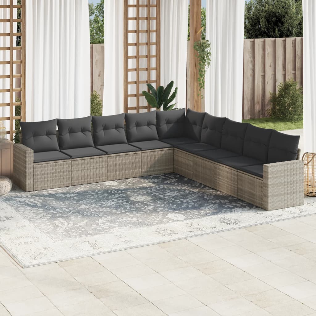 9-teiliges Gartensofa-Set mit hellgrauen Polyrattan-Kissen