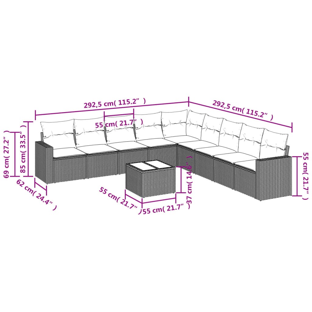 Set Divano Giardino 10 pz con Cuscini Grigio Chiaro Polyrattan