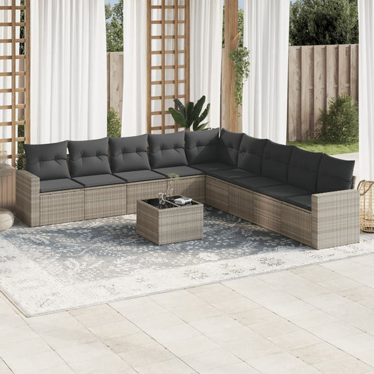 Set Divano Giardino 10 pz con Cuscini Grigio Chiaro Polyrattan