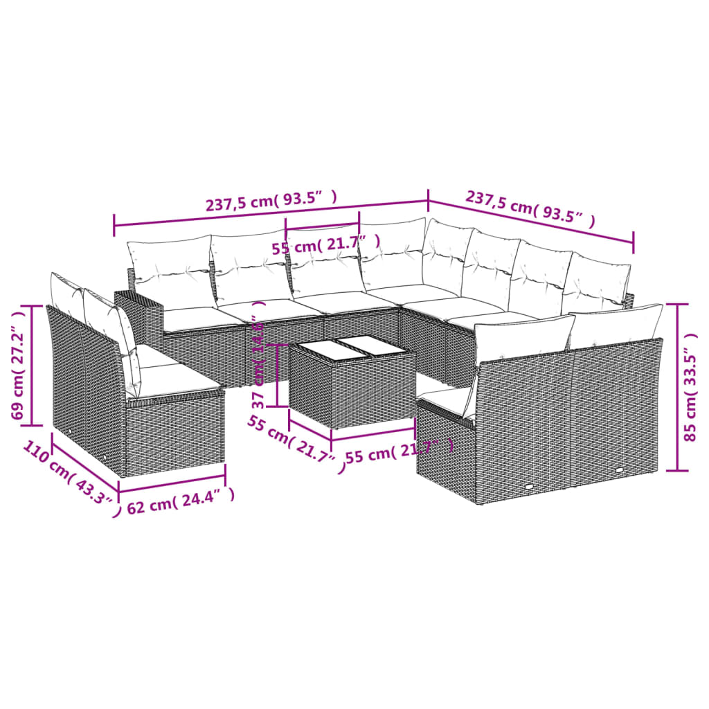 Set Divano Giardino 12 pz con Cuscini Grigio Chiaro Polyrattan