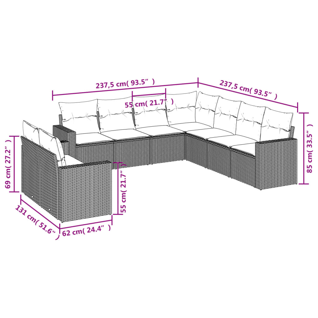 Set Divano da Giardino 9pz con Cuscini Grigio Chiaro Polyrattan