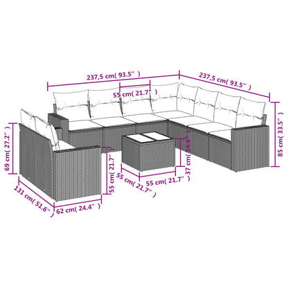 Set Divano Giardino 10 pz con Cuscini Grigio Chiaro Polyrattan