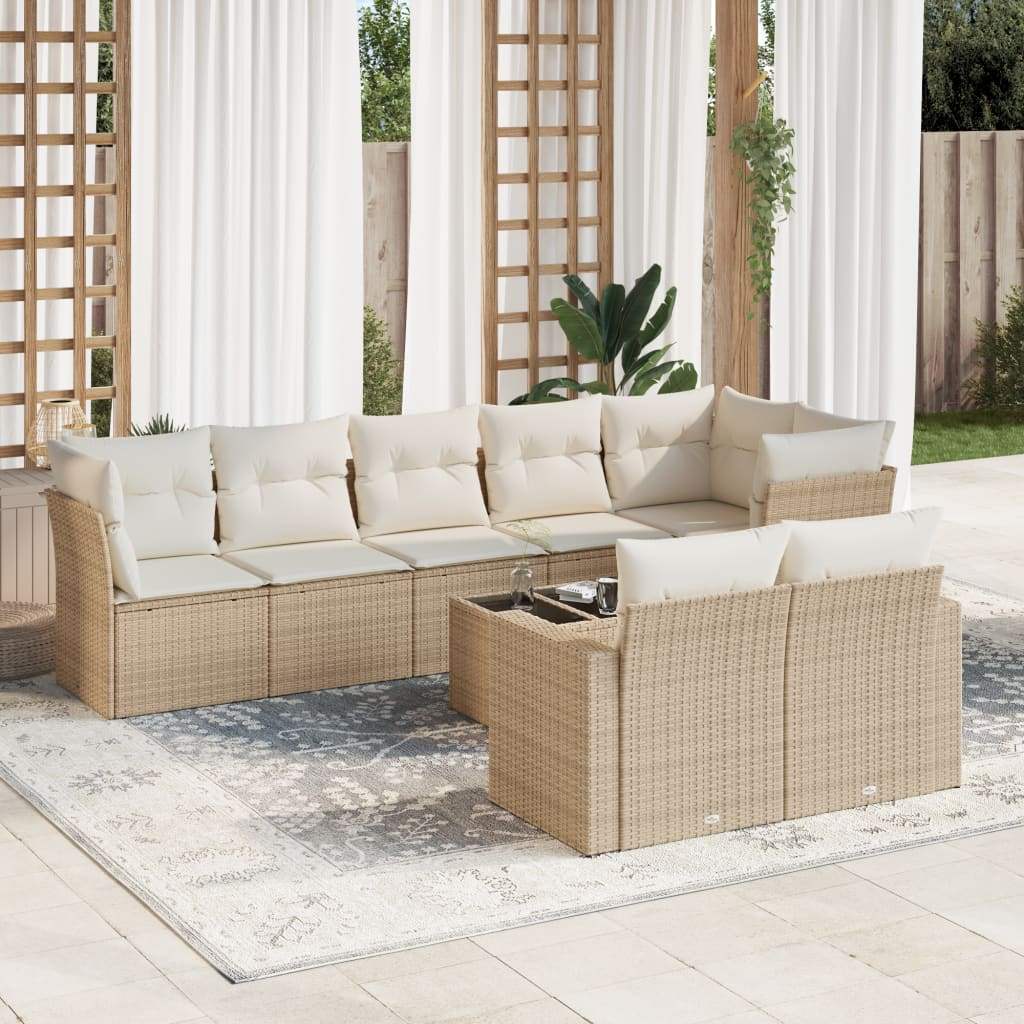 Set Divano da Giardino 9 pz con Cuscini Beige in Polyrattan - homemem39