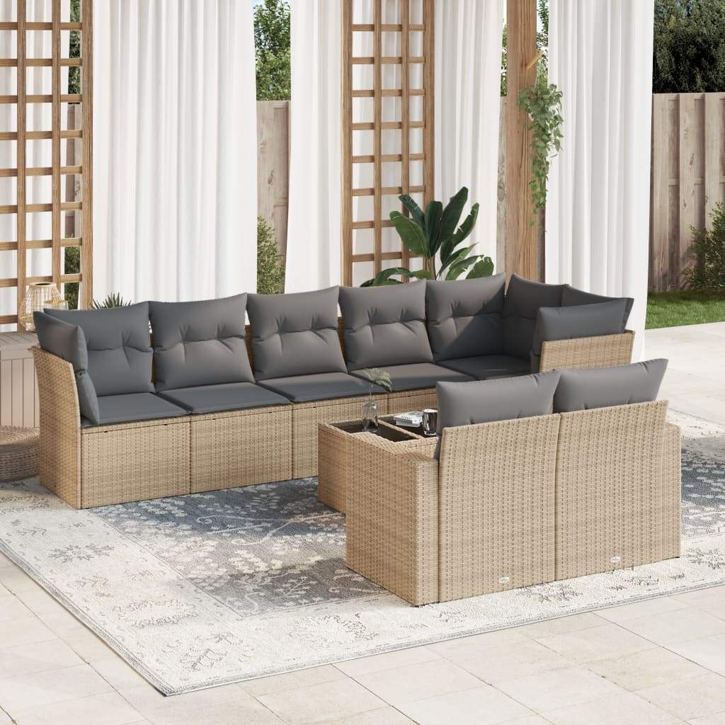 Set Divano da Giardino 9 pz con Cuscini Beige in Polyrattan - homemem39