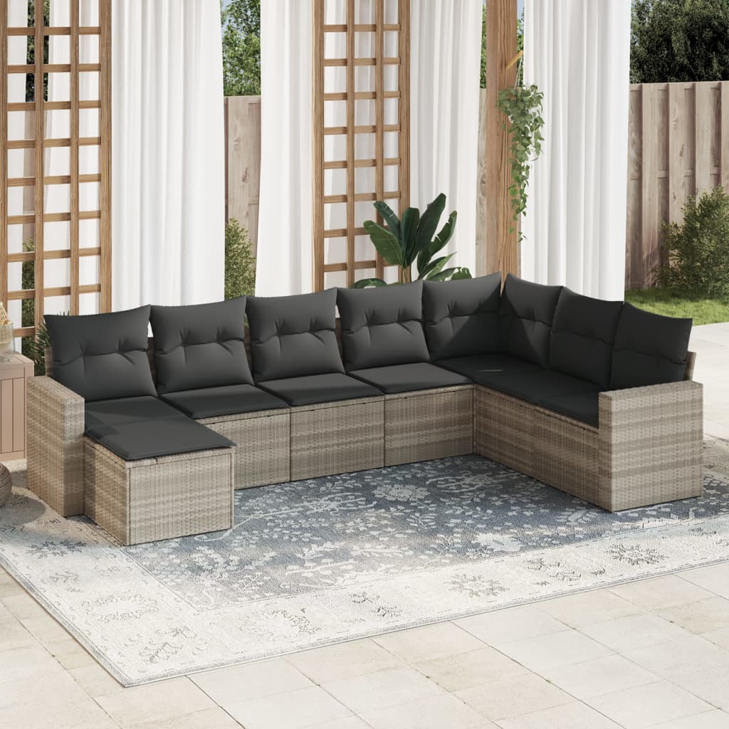 Set Divano da Giardino 8pz con Cuscini Grigio Chiaro Polyrattan