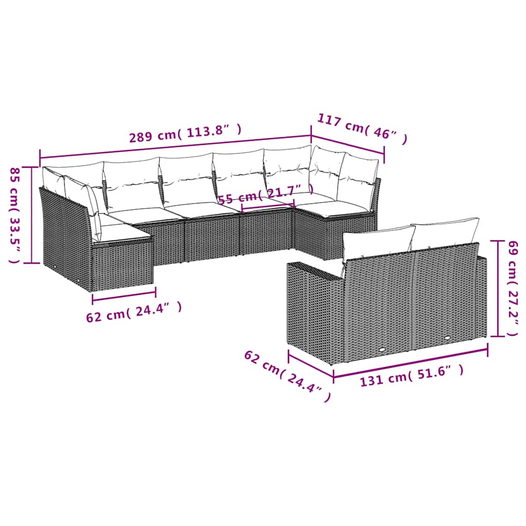 Set Divani da Giardino 9 pz con Cuscini Nero in Polyrattan | homemem39