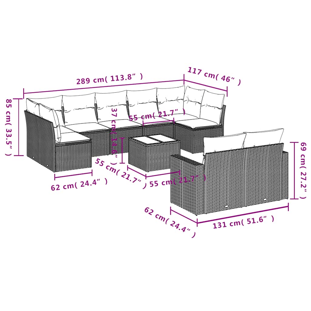 Set Divani da Giardino 10pz con Cuscini in Polyrattan Nero | homemem39