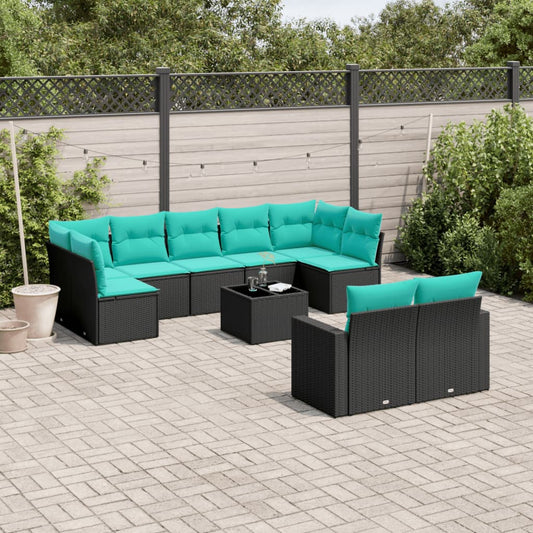 Set Divani da Giardino 10 pz con Cuscini Nero in Polyrattan - homemem39