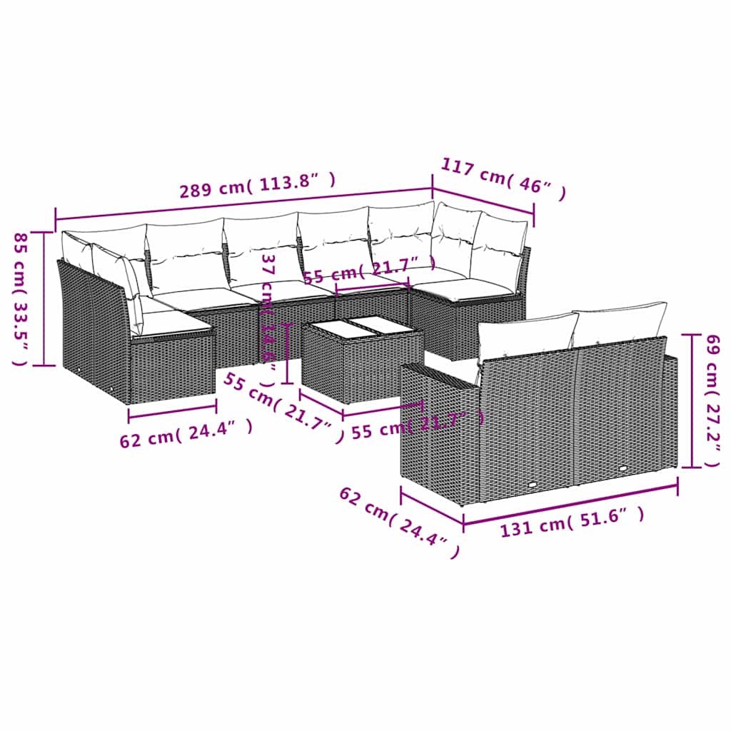 Set Divani da Giardino 10pz con Cuscini in Polyrattan Marrone | homemem39