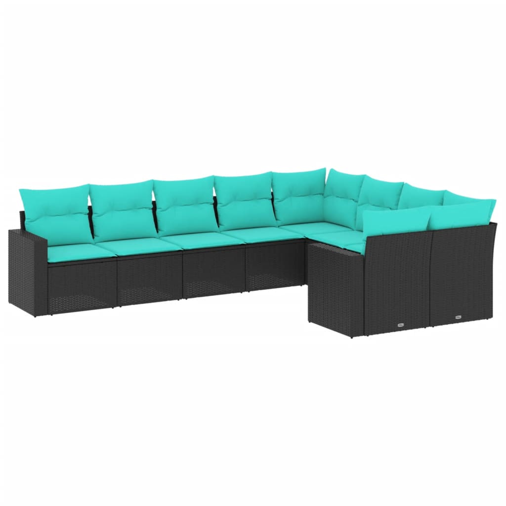 Set Divani da Giardino 9 pz con Cuscini Nero in Polyrattan