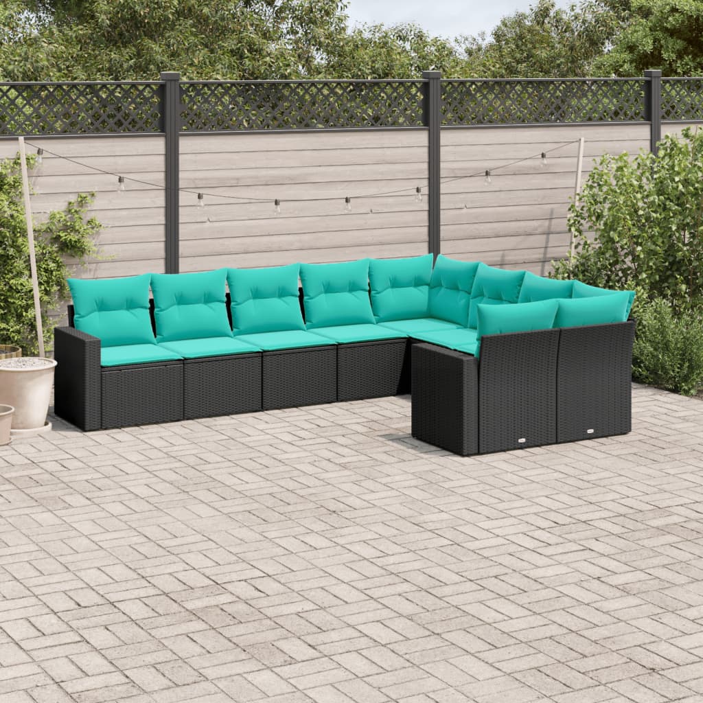 Set Divani da Giardino 9 pz con Cuscini Nero in Polyrattan