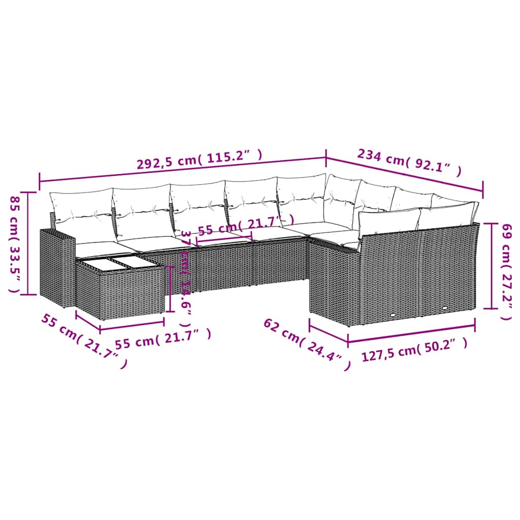 Set Divani da Giardino 10 pz con Cuscini Grigio in Polyrattan | homemem39