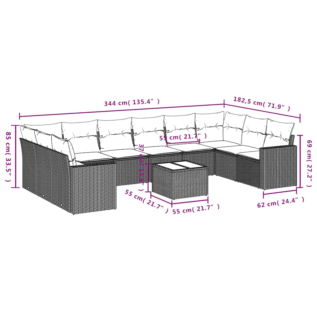 Set Divani da Giardino 11 pz con Cuscini in Polyrattan Nero | homemem39