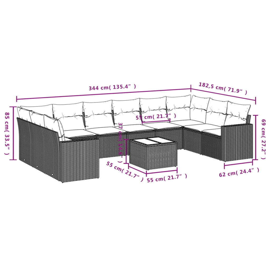 Set Divani da Giardino 11 pz con Cuscini in Polyrattan Nero | homemem39