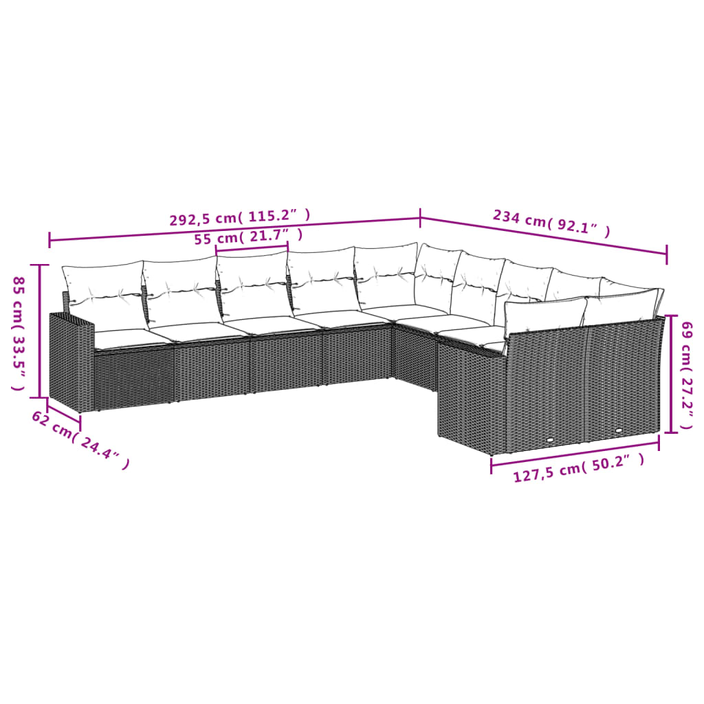 Set Divani da Giardino 10pz con Cuscini in Polyrattan Nero | homemem39