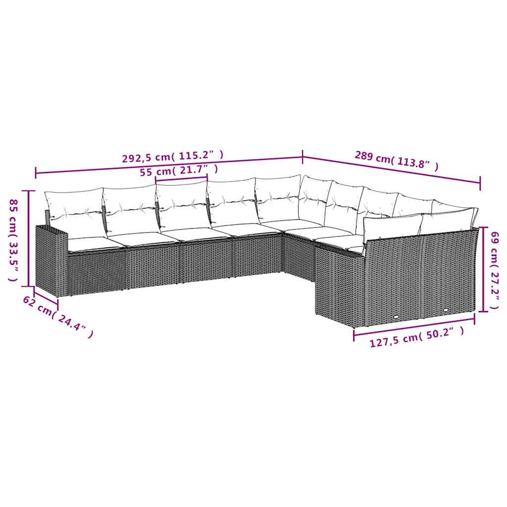 Set Divani da Giardino 10 pz con Cuscini Grigio in Polyrattan | homemem39