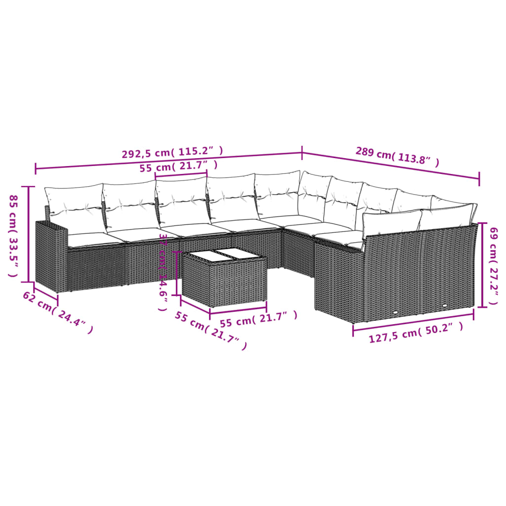 Set Divani da Giardino 11 pz con Cuscini Polyrattan Marrone | homemem39