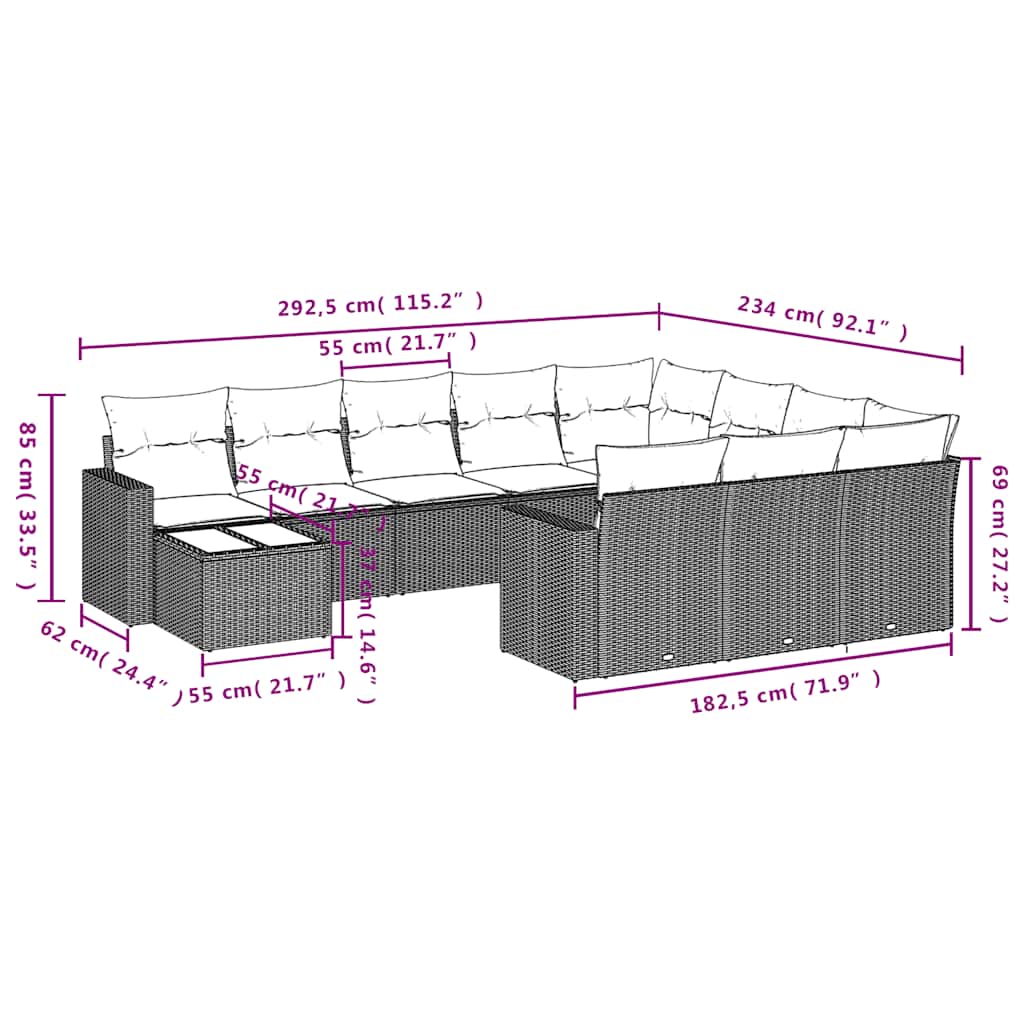 Set Divani da Giardino 11 pz con Cuscini Nero in Polyrattan