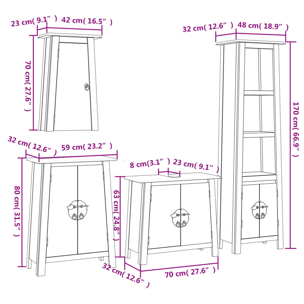 Set Mobili da Bagno 4 pz in Legno Massello di Pino | homemem39