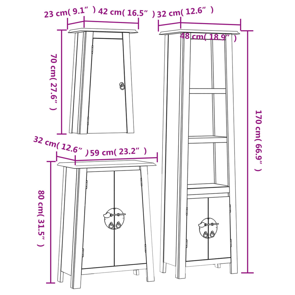 Set Mobili da Bagno 3 pz in Legno Massello di Pino | homemem39