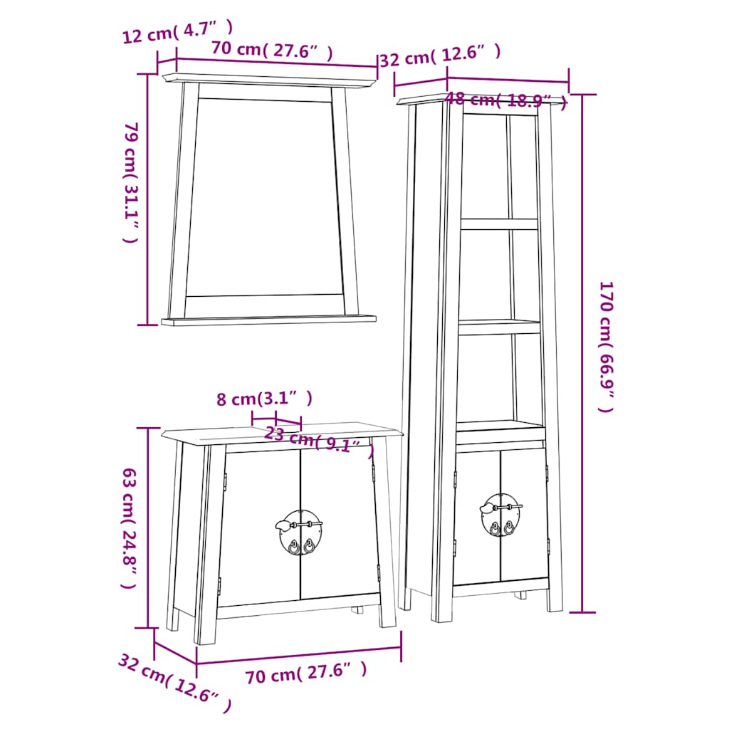 Set Mobili da Bagno 3 pz in Legno Massello di Pino | homemem39