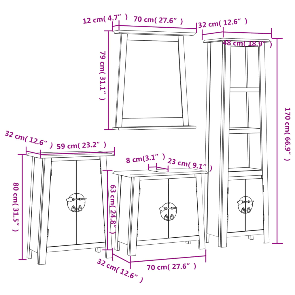 Set Mobili da Bagno 4 pz in Legno Massello di Pino