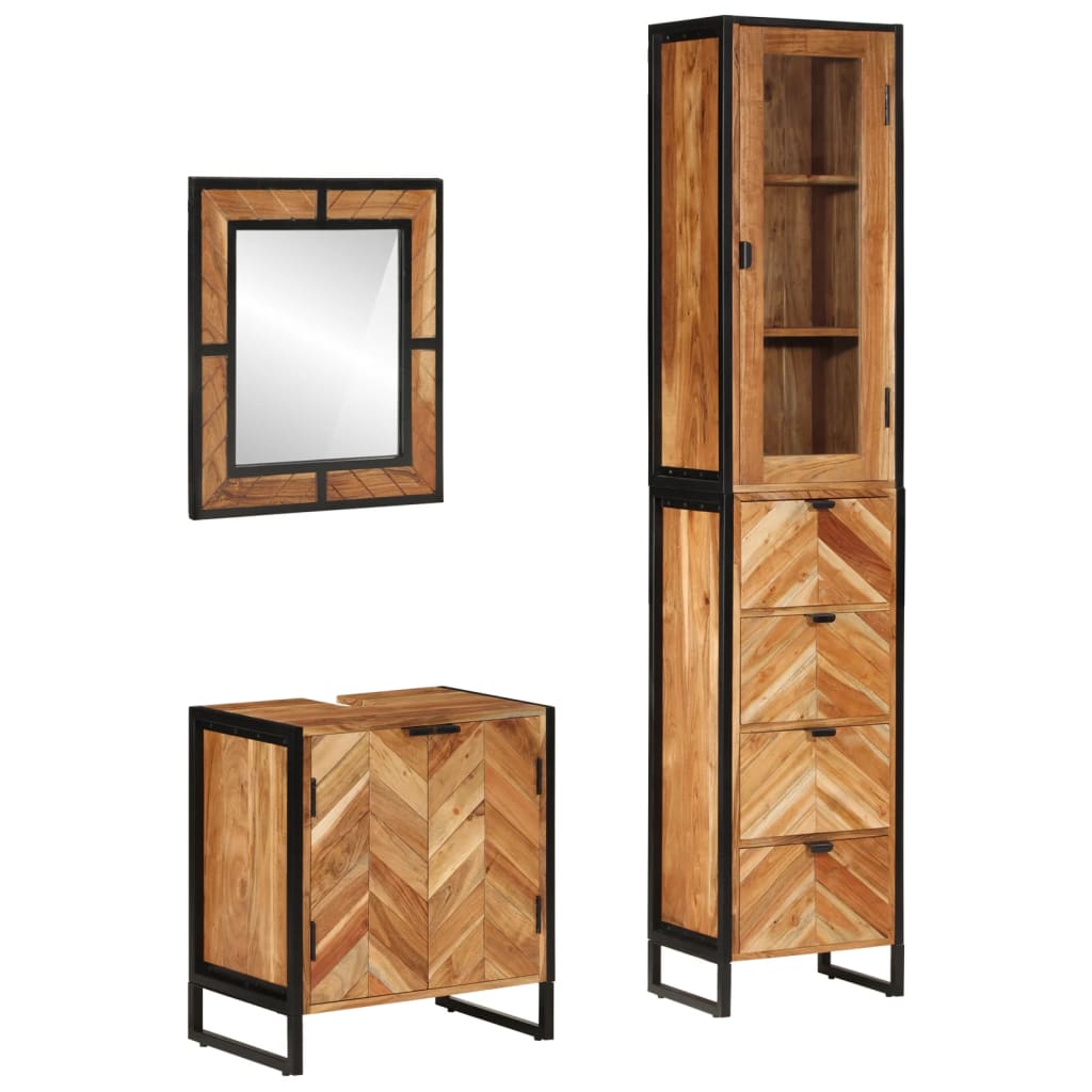 Set Mobili da Bagno 3 pz in Ferro e Legno Massello di Acacia