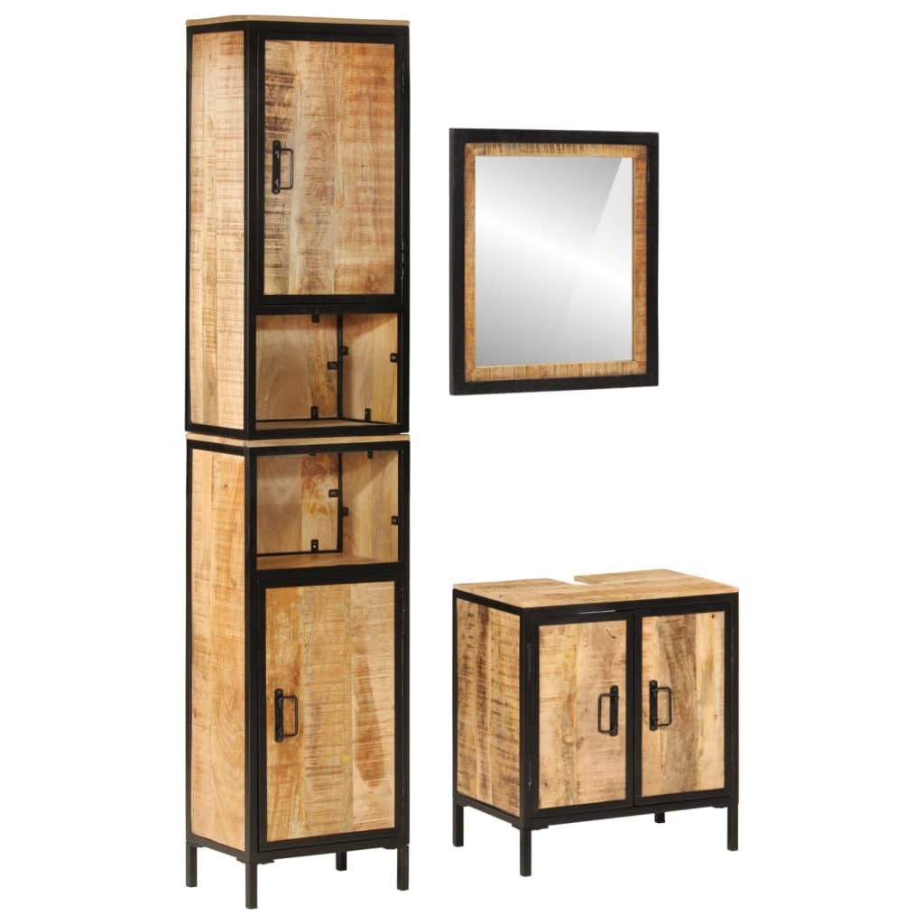 Set Mobili da Bagno 3 pz in Ferro e Legno Massello di Mango