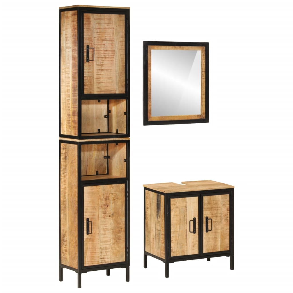 Set Mobili da Bagno 3 pz in Ferro e Legno Massello di Mango