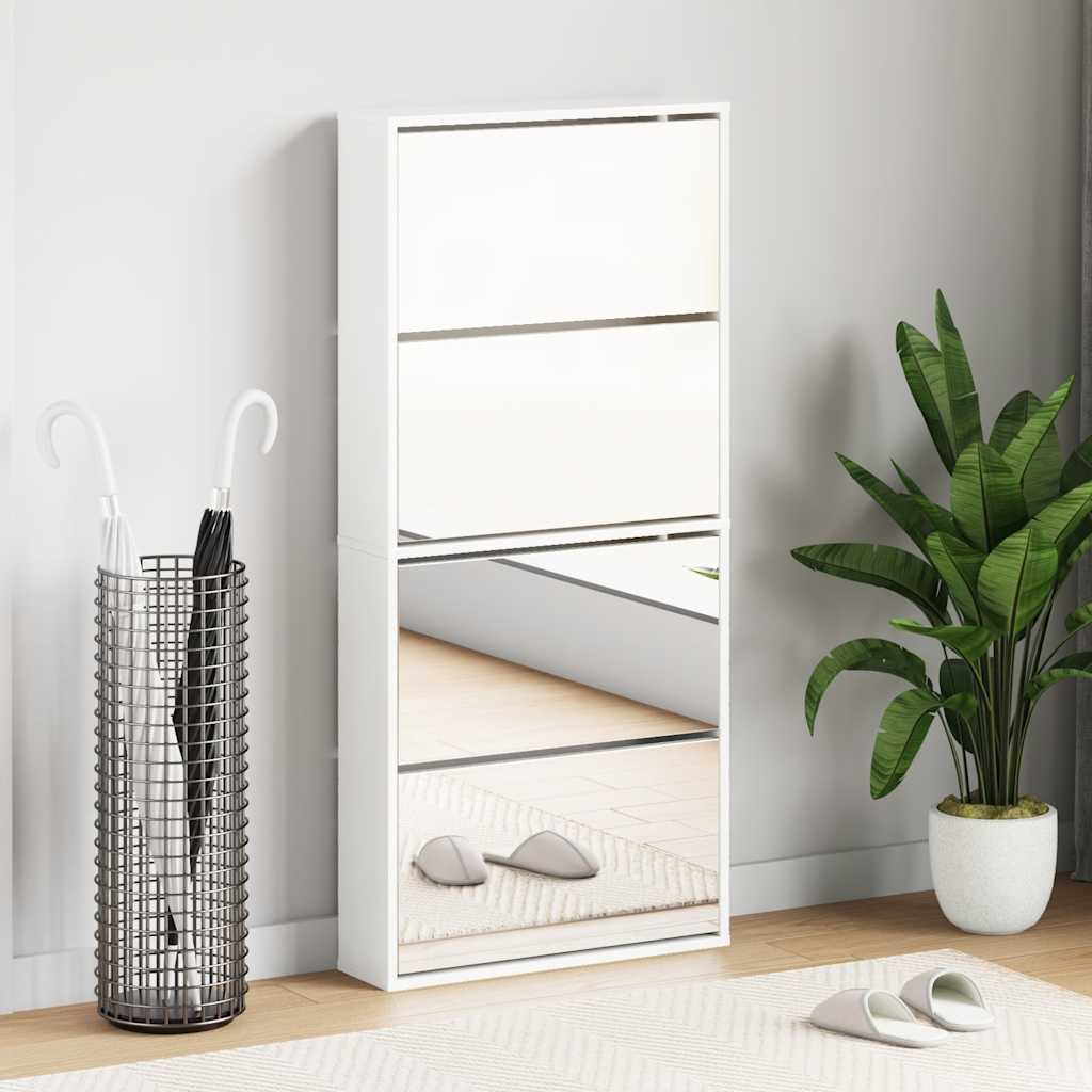 Scarpiera con Specchio a 4 Livelli Bianco lucido 63x17x134 cm