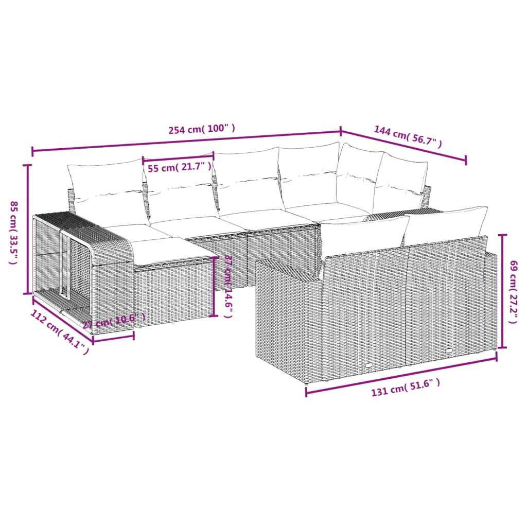Set Divano da Giardino 10 pz con Cuscini Grigio in Polyrattan | homemem39