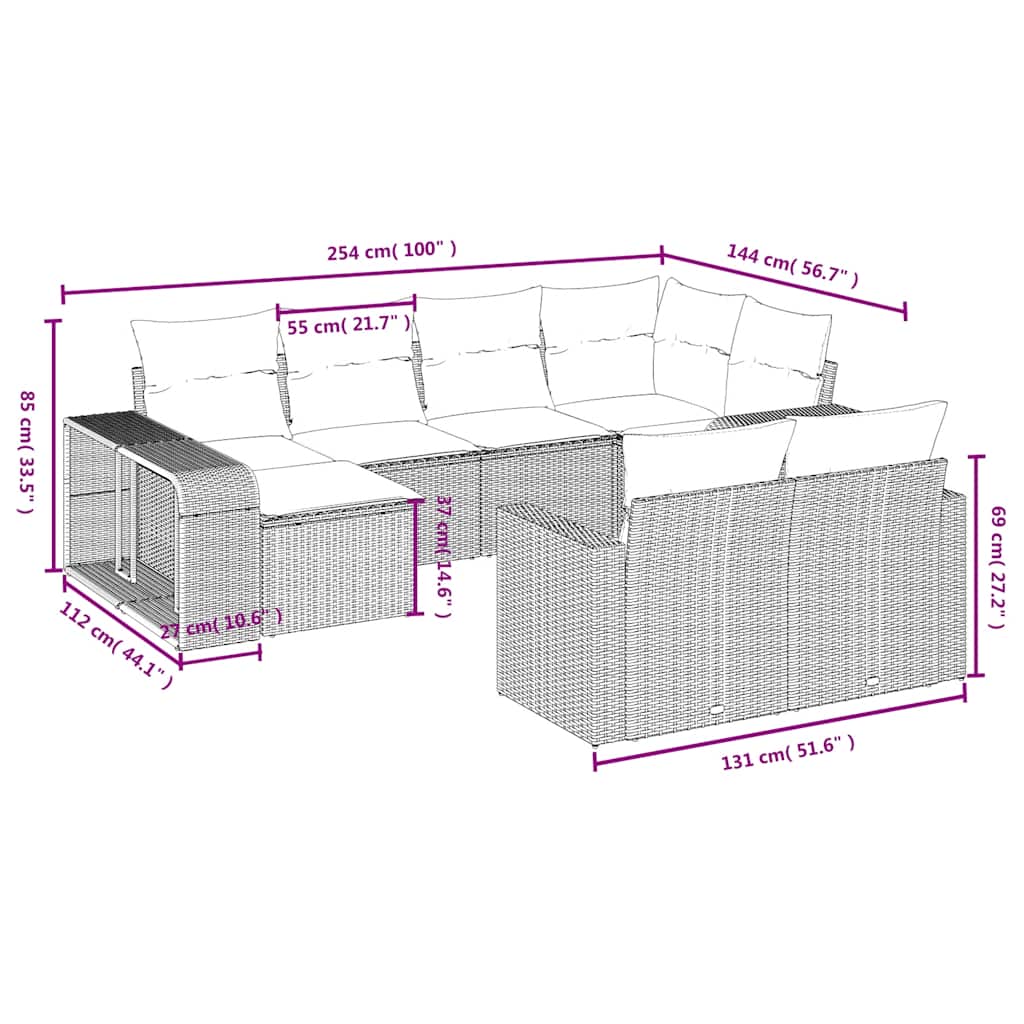 Set Divano Giardino 10 pz con Cuscini Grigio Chiaro Polyrattan | homemem39
