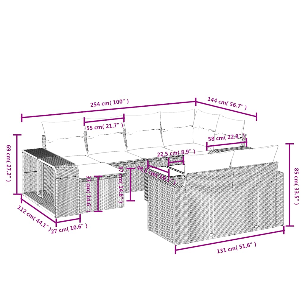 Set Divani da Giardino 11 pz con Cuscini in Polyrattan Nero | homemem39