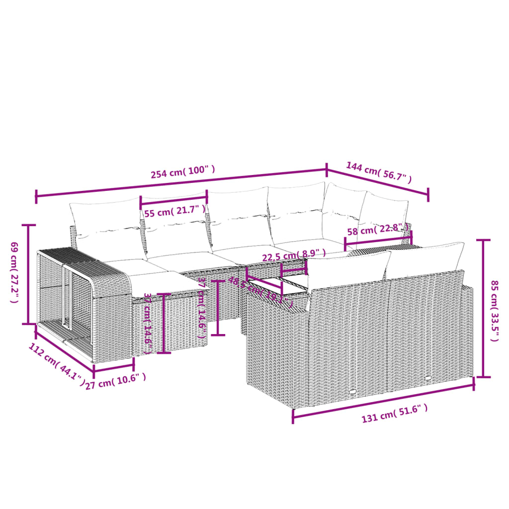 Set Divani da Giardino 11 pz con Cuscini Polyrattan Marrone | homemem39